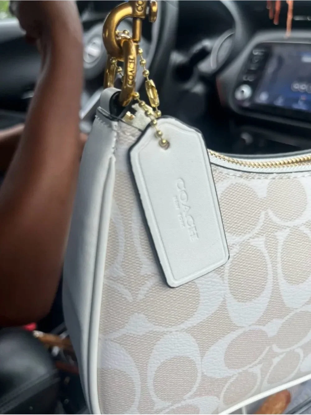 Coach Cream Signature Canvas Shoulder Bag with Gold Chain